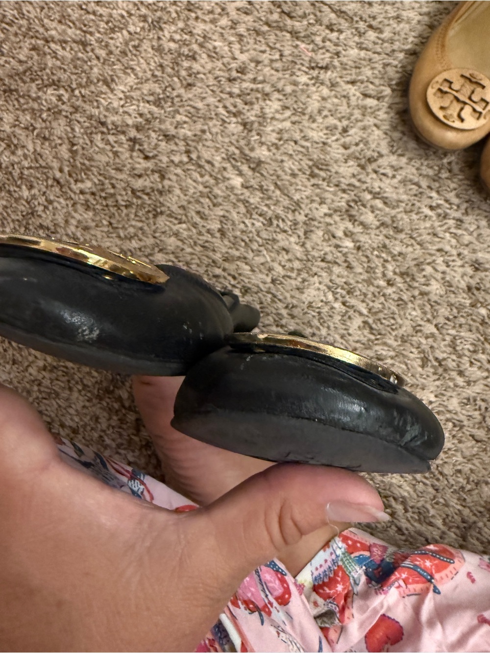 Tory Burch Black Leather Logo Round-Toe Flats with Gold Emblem - Picture 3 of 4